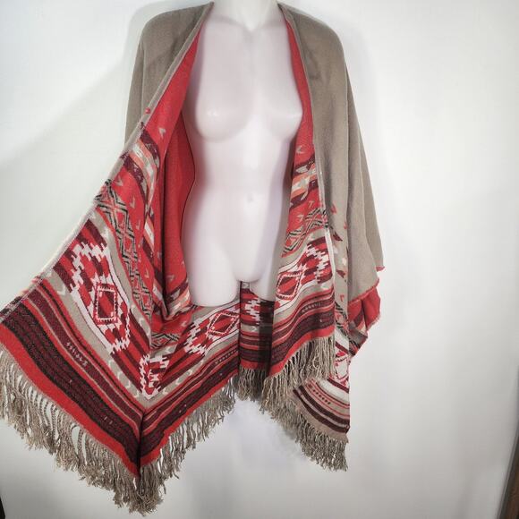 American Eagle Poncho Sweater One Size Aztec Western Open Front Fringe Kimono - Picture 8 of 13